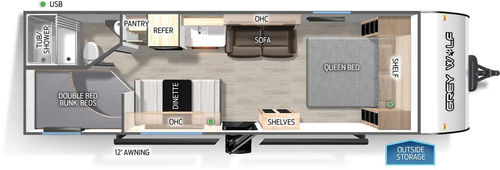 The Grey Wolf 26EV floorplan has one entry and zero slide outs. Exterior features include: metal exterior and 12' awning. Interiors features include: bunk beds and front bedroom.